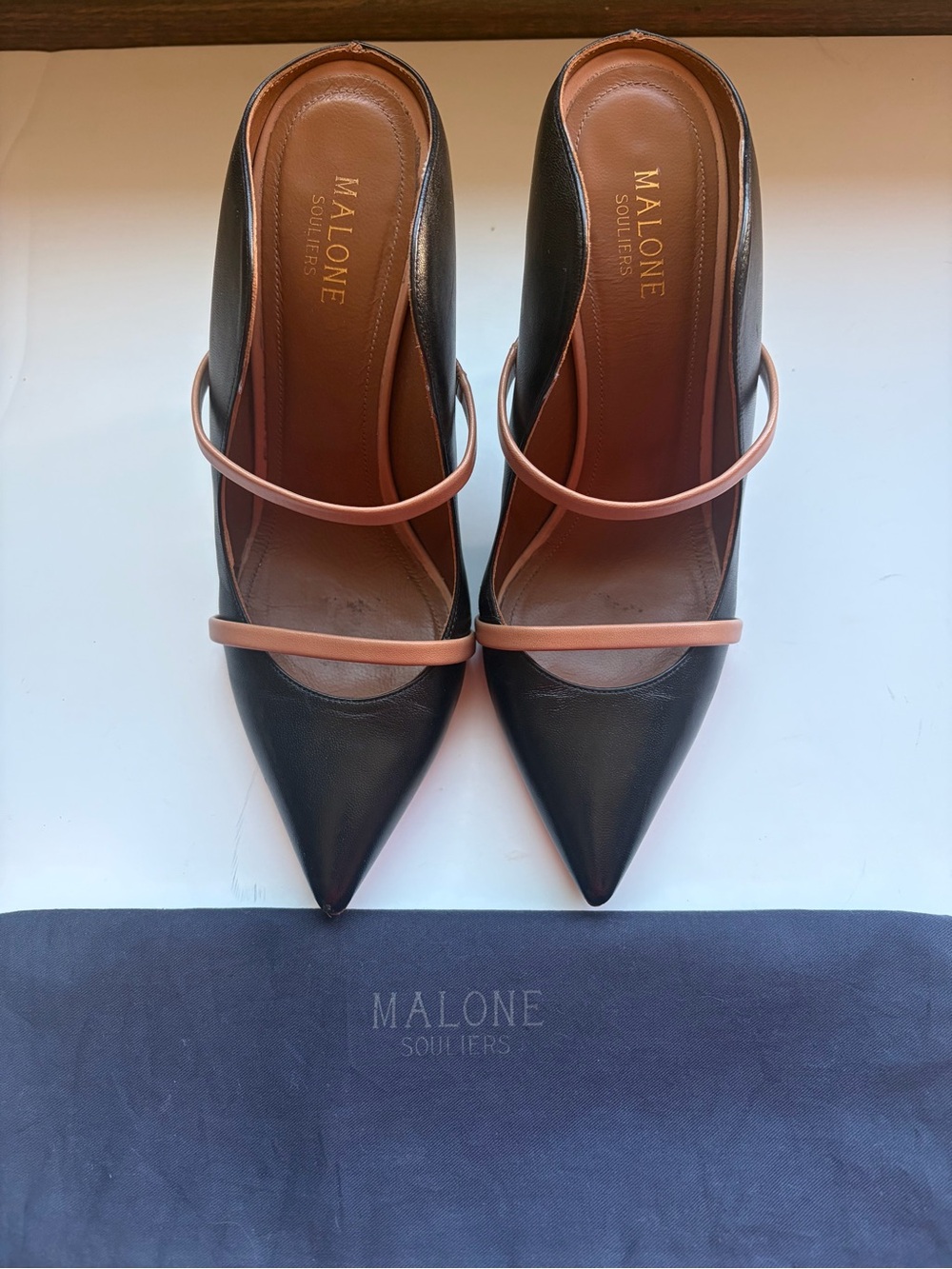 Malone Souliers Black and Tan Pointed Leather Mules Maureen 100 mm size 39